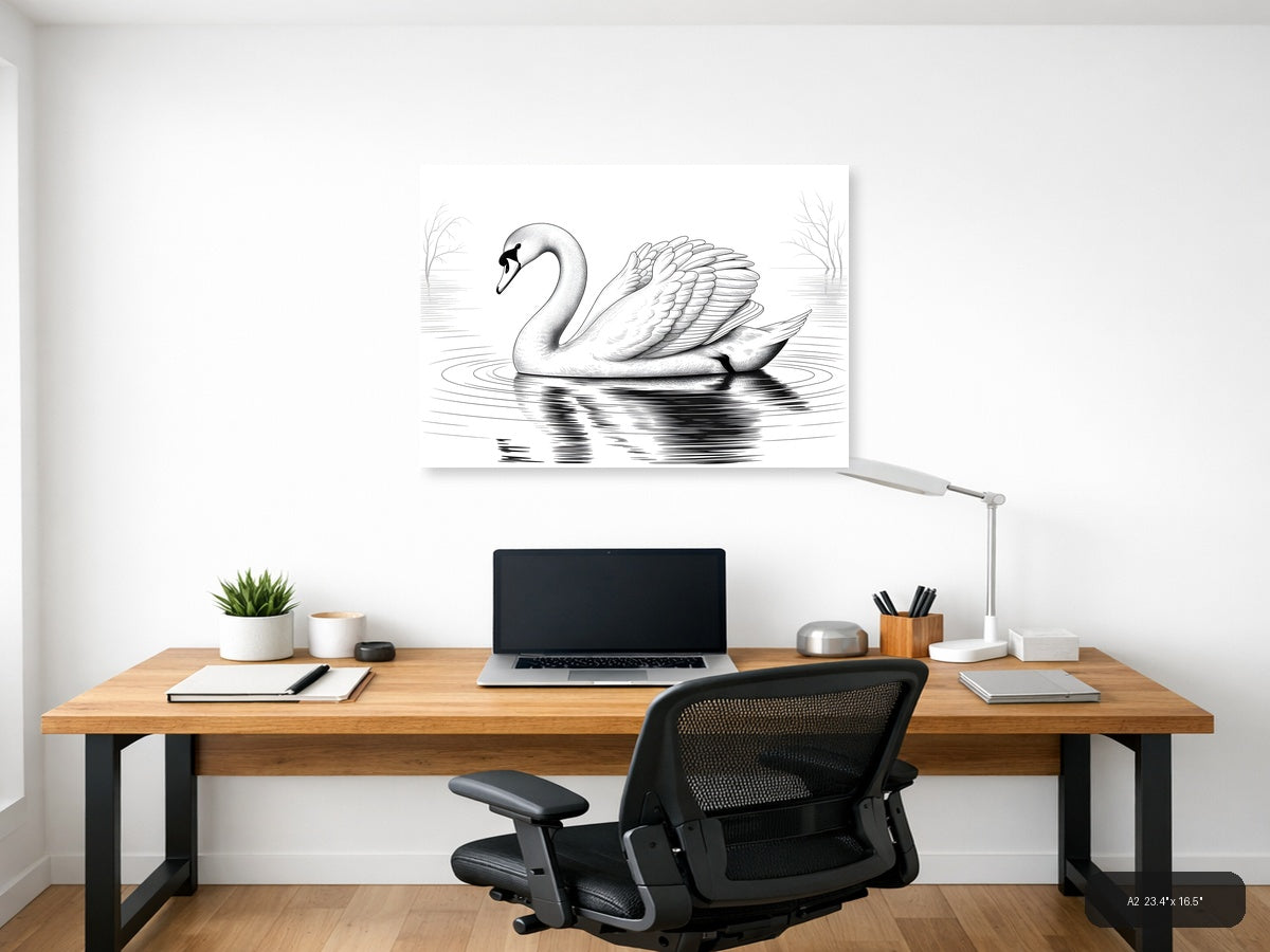 Elegant Swan Line Art Drawing - Black & White Wall Art — A2 / Office