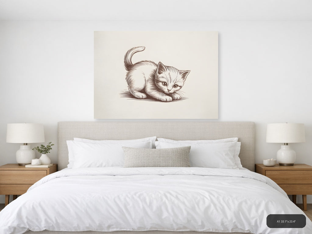 Playful Kitten Line Art Drawing Wall Art — A1 / Bedroom