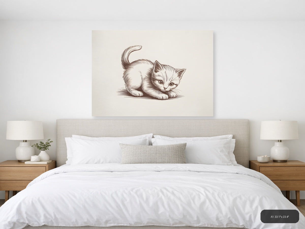 Playful Kitten Line Art Drawing Wall Art — A1 / Bedroom