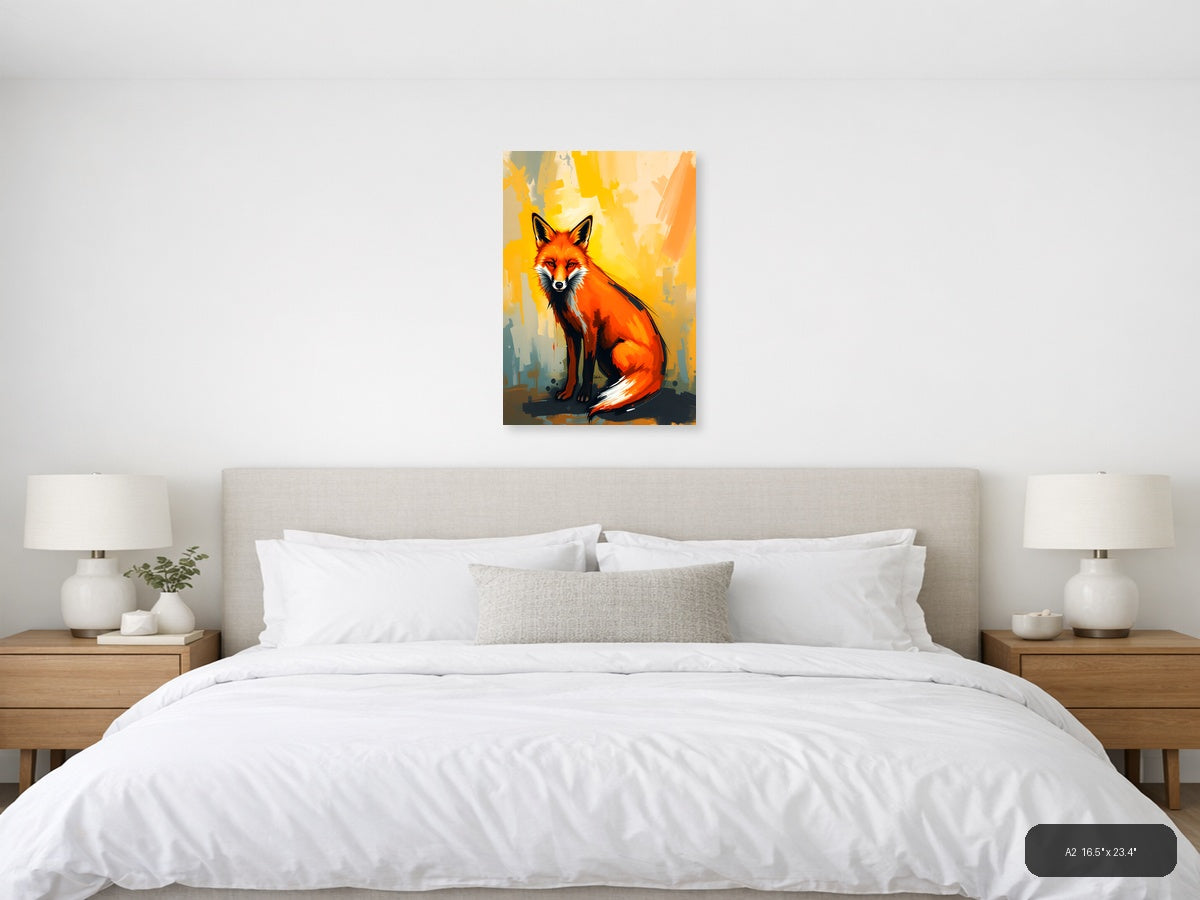 Abstract Red Fox Portrait with Yellow Background Wall Art — A2 / Bedroom
