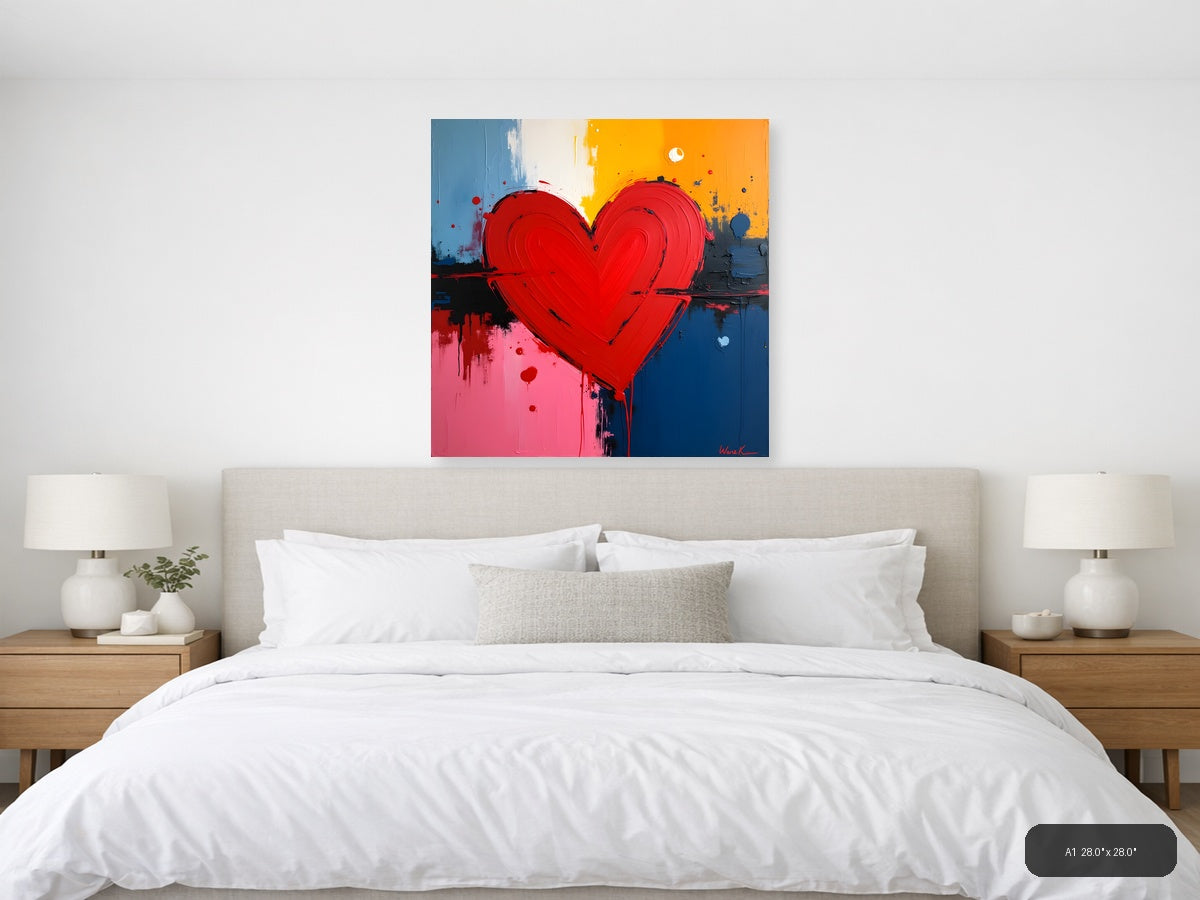 Bold Red Heart Abstract Canvas Wall Art — A1 / Bedroom
