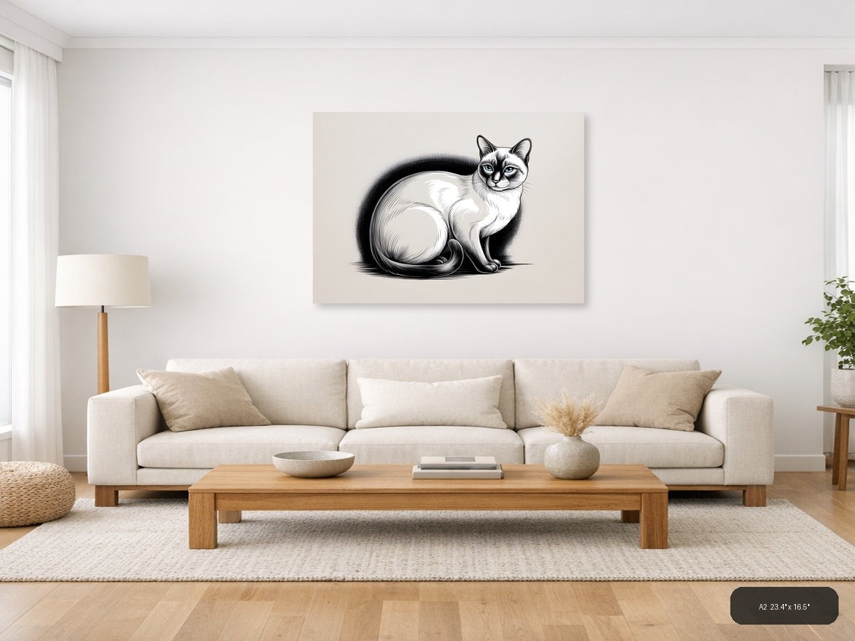 Siamese Cat with Fluffy Tail Line Art Wall Art — A2 / Living Room