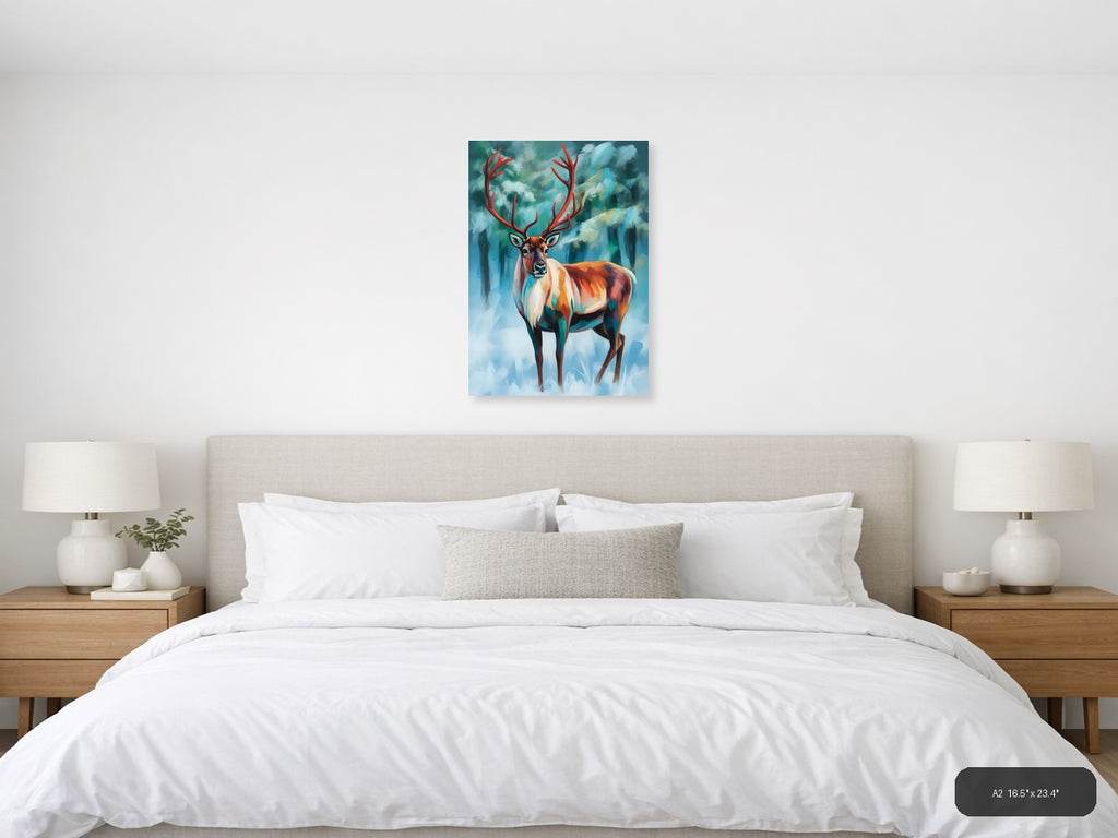 Majestic Red Deer Abstract Winter Forest Wall Art — A2 / Bedroom