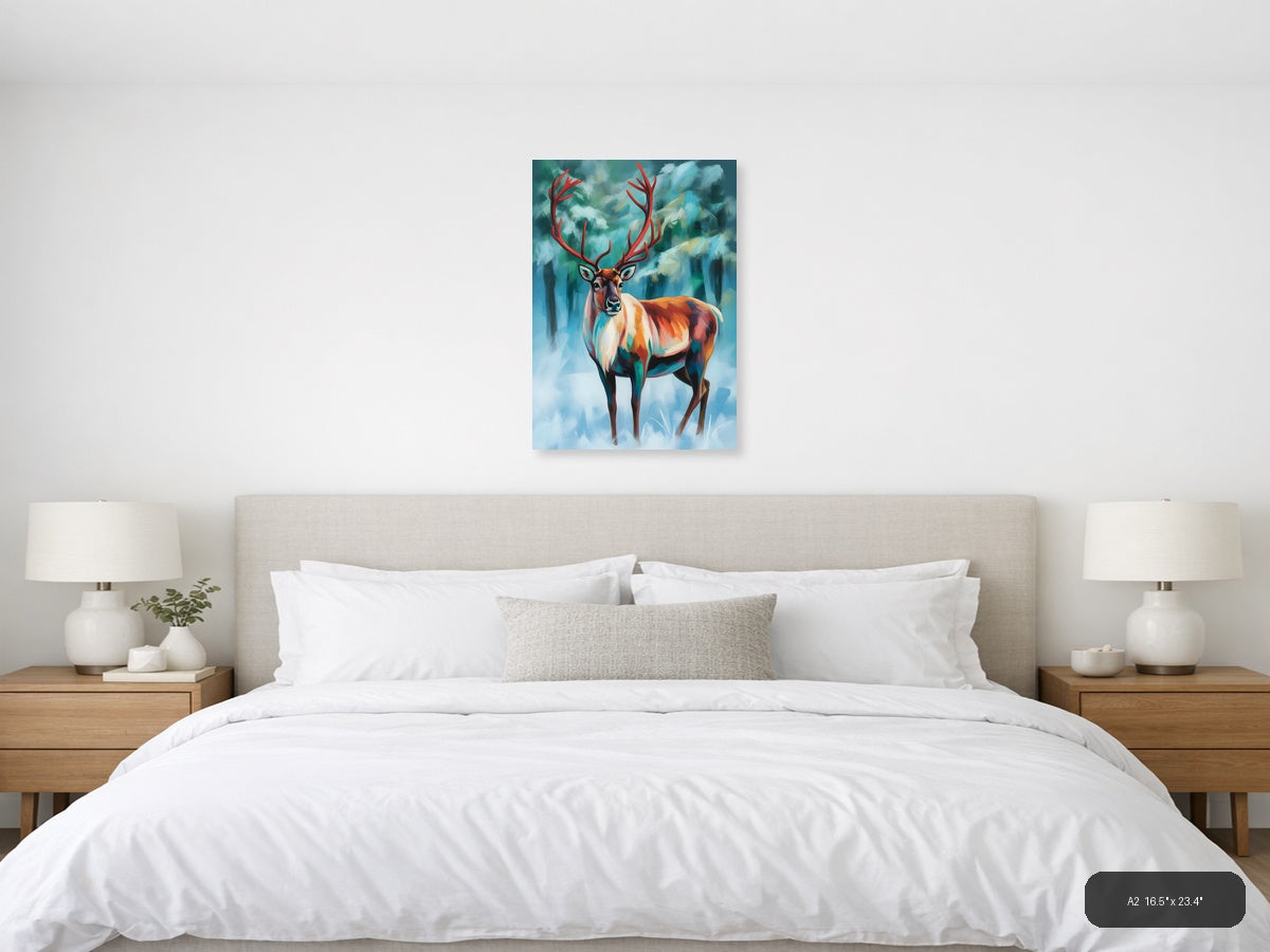 Majestic Red Deer Abstract Winter Forest Wall Art — A2 / Bedroom