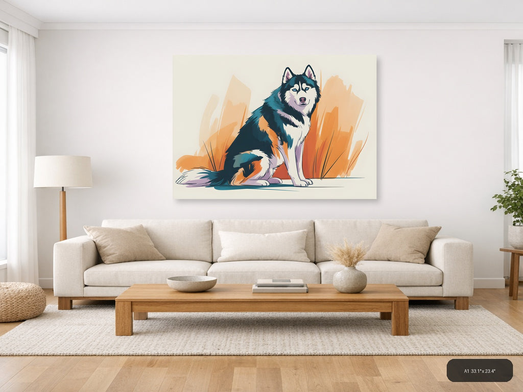 Abstract Husky Dog Portrait with Orange Brush Strokes Wall Art — A1 / Living Room
