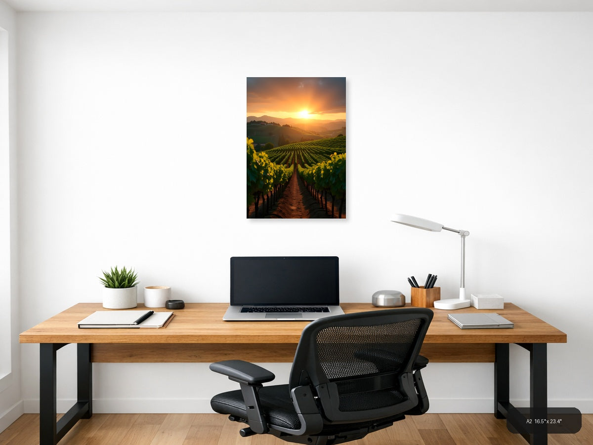 Golden Sunset Over Vineyard Rows Photography Wall Art — A2 / Office