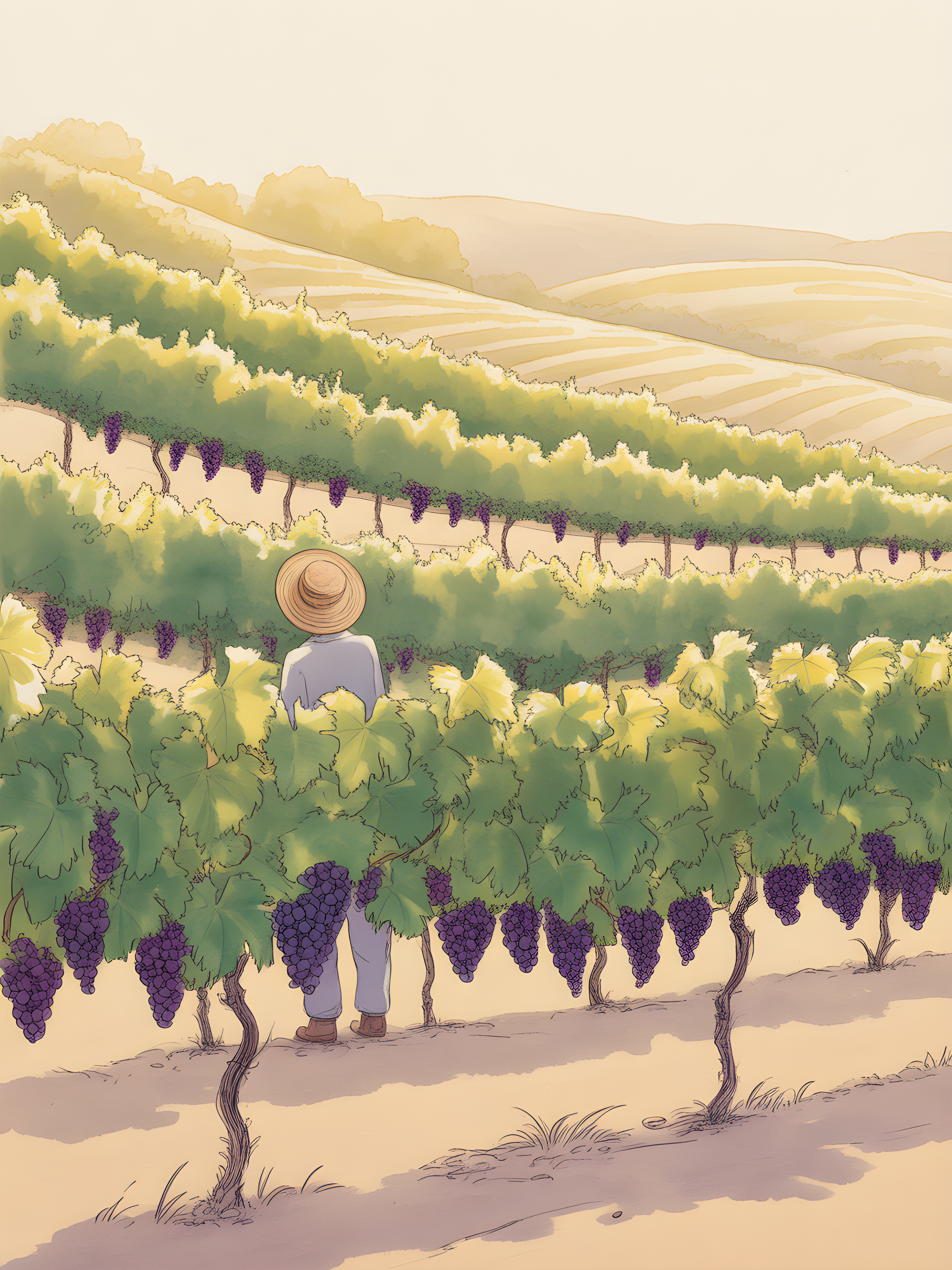 Vineyard Worker in Purple Grape Fields Line Art Wall Art