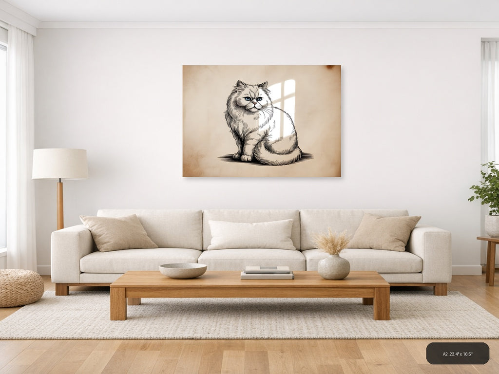 Fluffy Persian Cat Line Art Portrait Wall Art — A2 / Living Room