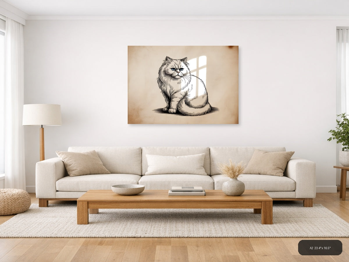 Fluffy Persian Cat Line Art Portrait Wall Art — A2 / Living Room