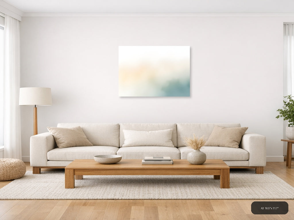 Serene Watercolor Landscape with Soft Teal & Cream Wall Art — A3 / Living Room