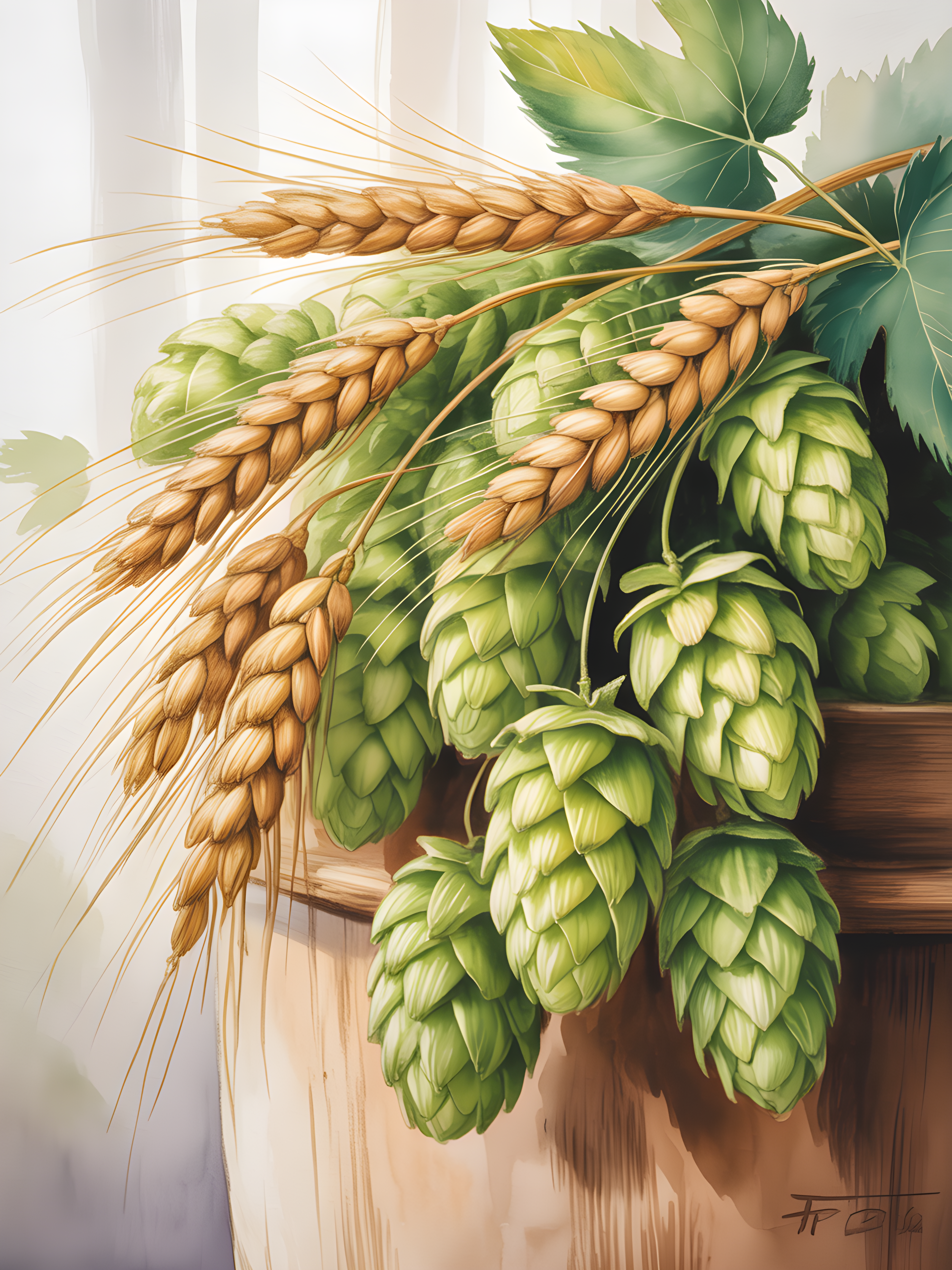 Wheat and Hops Watercolor Botanical Wall Art