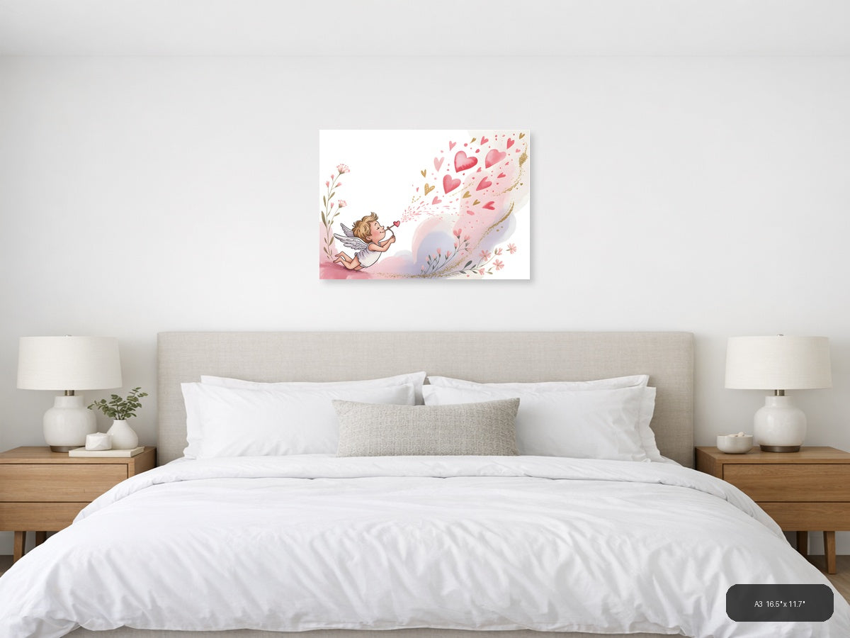 Cupid Blowing Hearts Watercolor Landscape Wall Art — A3 / Bedroom
