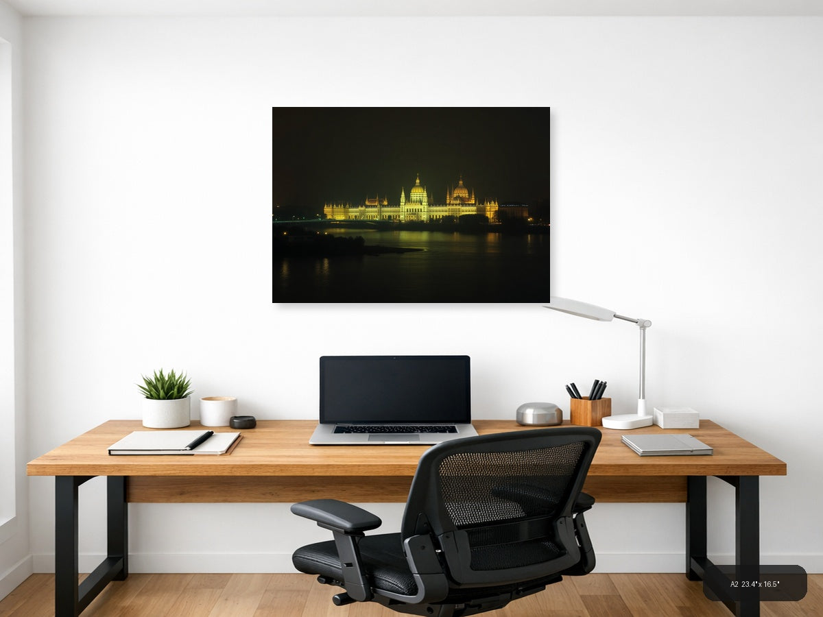 Golden Parliament Building Night Reflection | Minimalist Landscape Wall Art — A2 (Office)