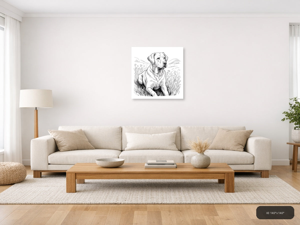 Labrador Retriever in Wildflower Field Line Art Wall Art — A3 / Living Room