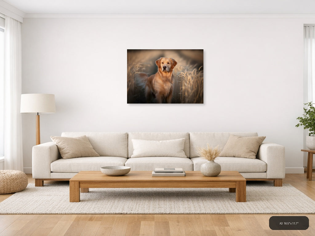 Golden Retriever in Wheat Field Photography Wall Art — A3 / Living Room
