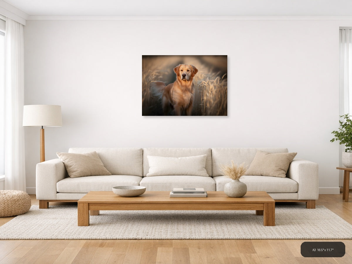 Golden Retriever in Wheat Field Photography Wall Art — A3 / Living Room