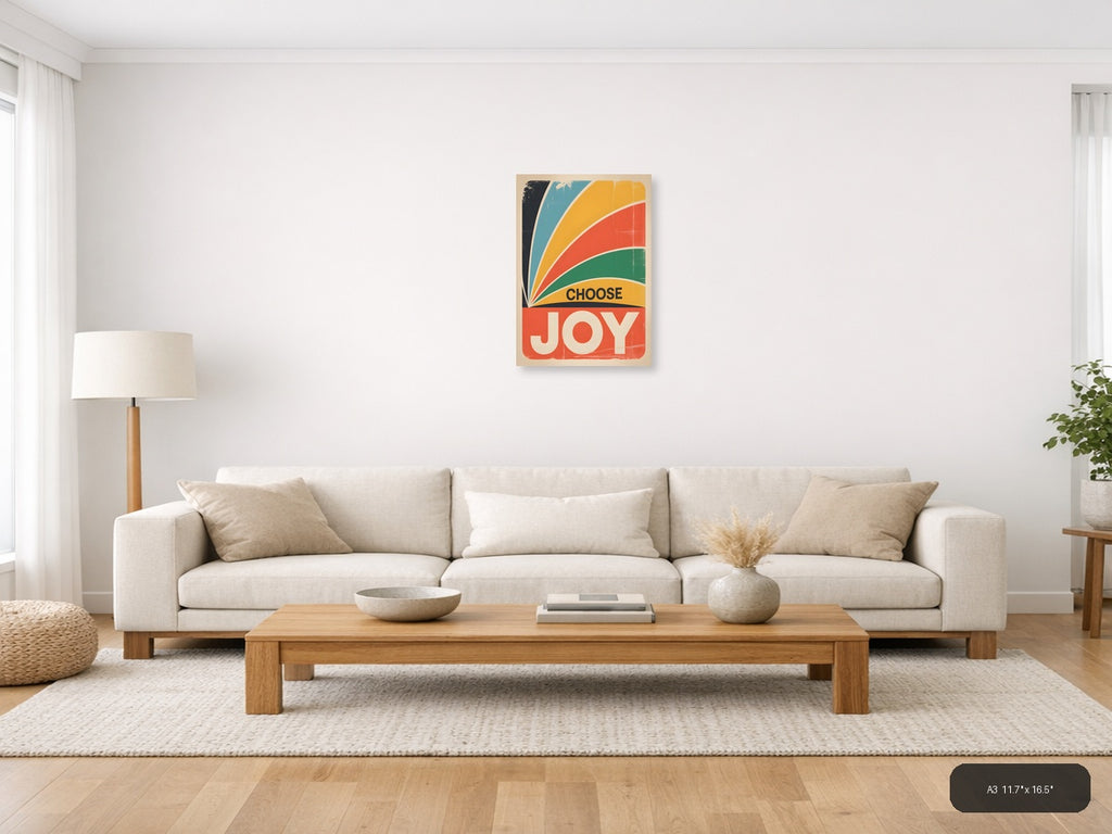 Choose Joy Vintage Retro Rainbow Burst Wall Art — A3 / Living Room