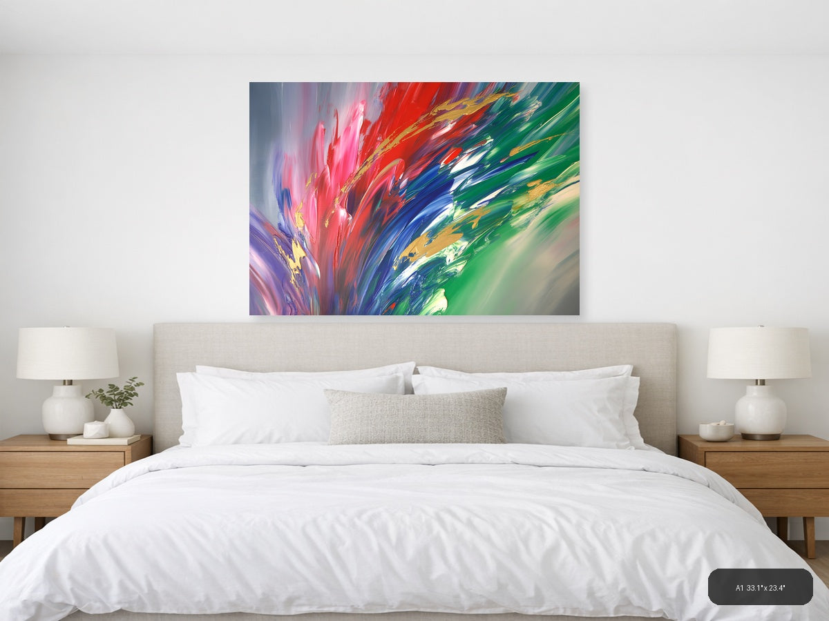 Vibrant Abstract Explosion: Pink, Red & Green Wall Art — A1 / Bedroom