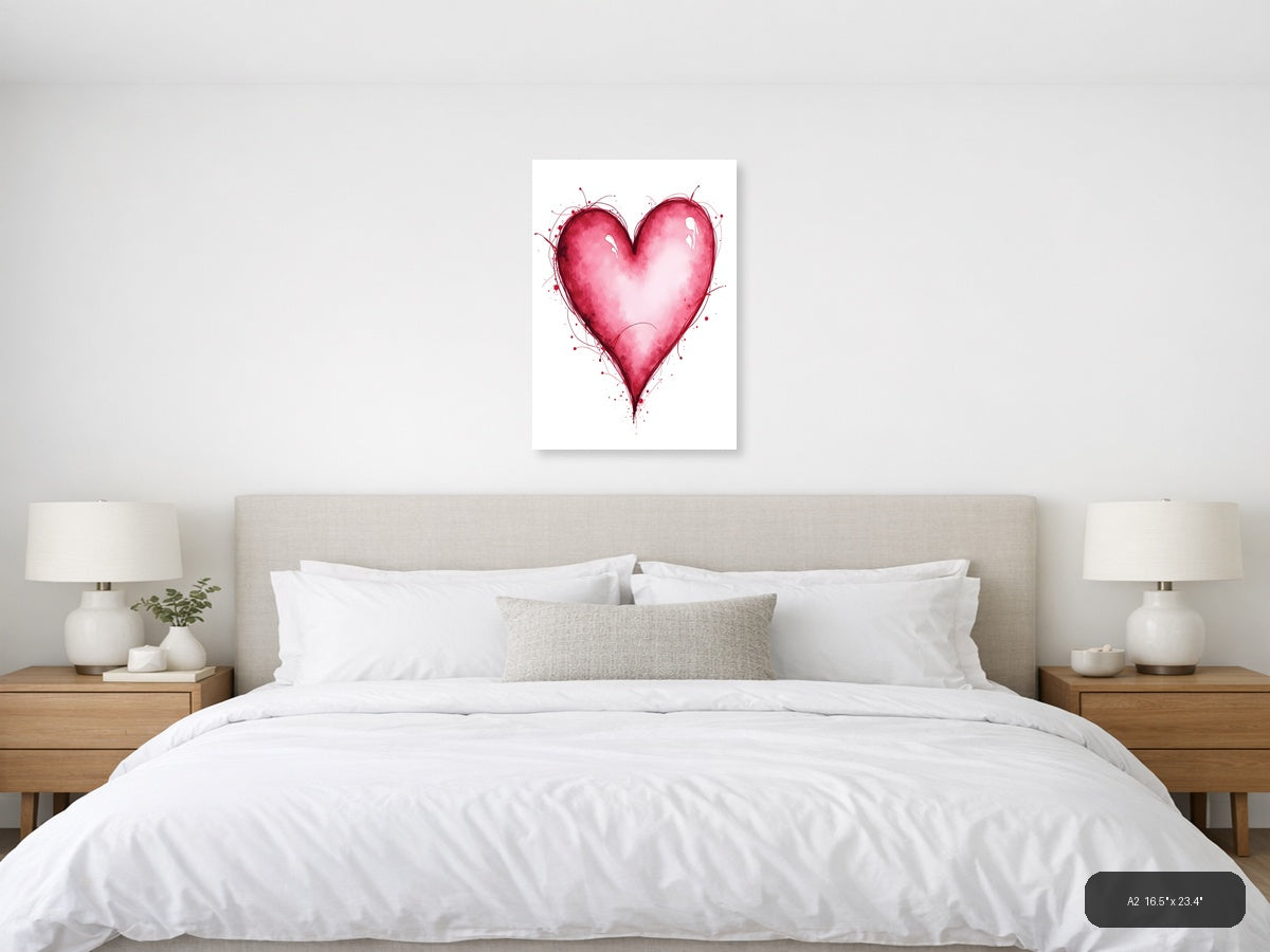 Pink Watercolor Heart with Line Art Splatter Wall Art — A2 / Bedroom