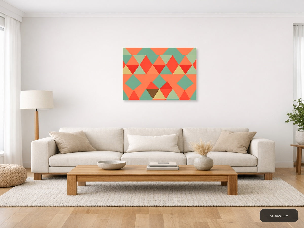 Vintage Geometric Triangle Pattern Coral Teal Wall Art — A3 / Living Room