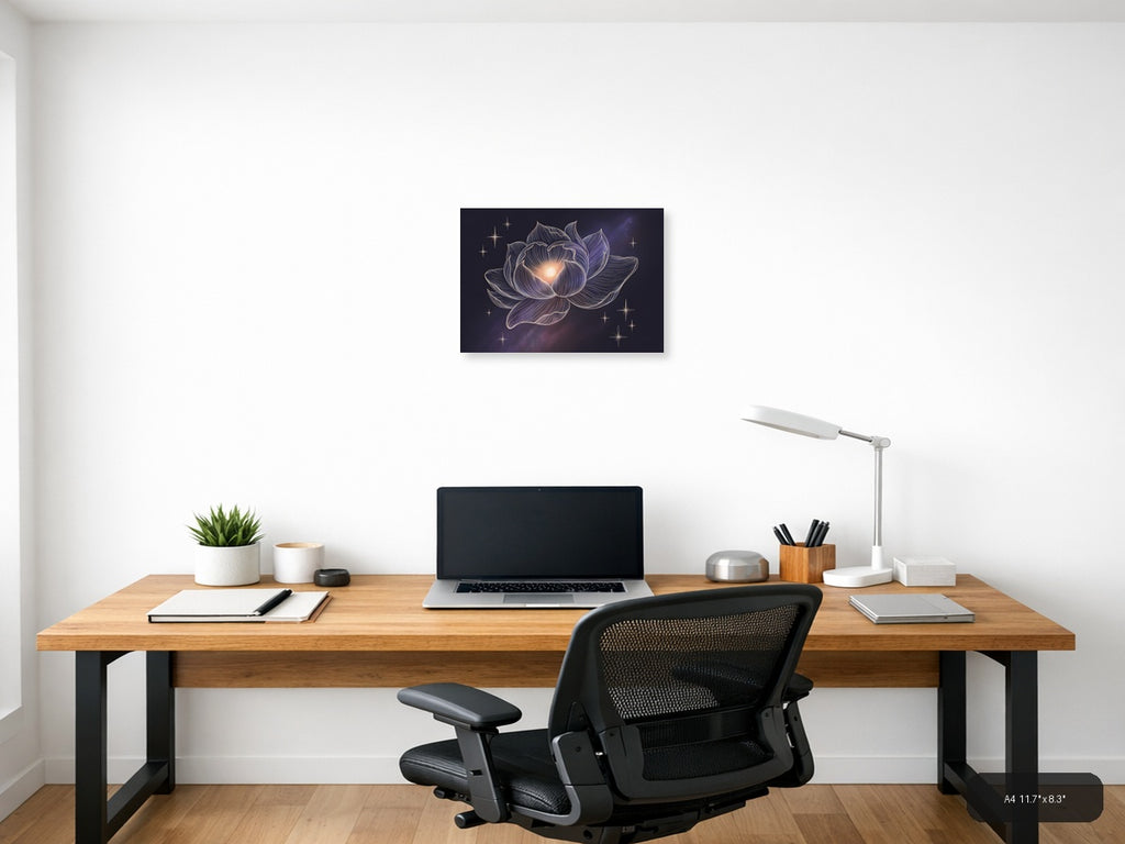 Glowing Lotus Flower Line Art With Stars Wall Art — A4 / Office