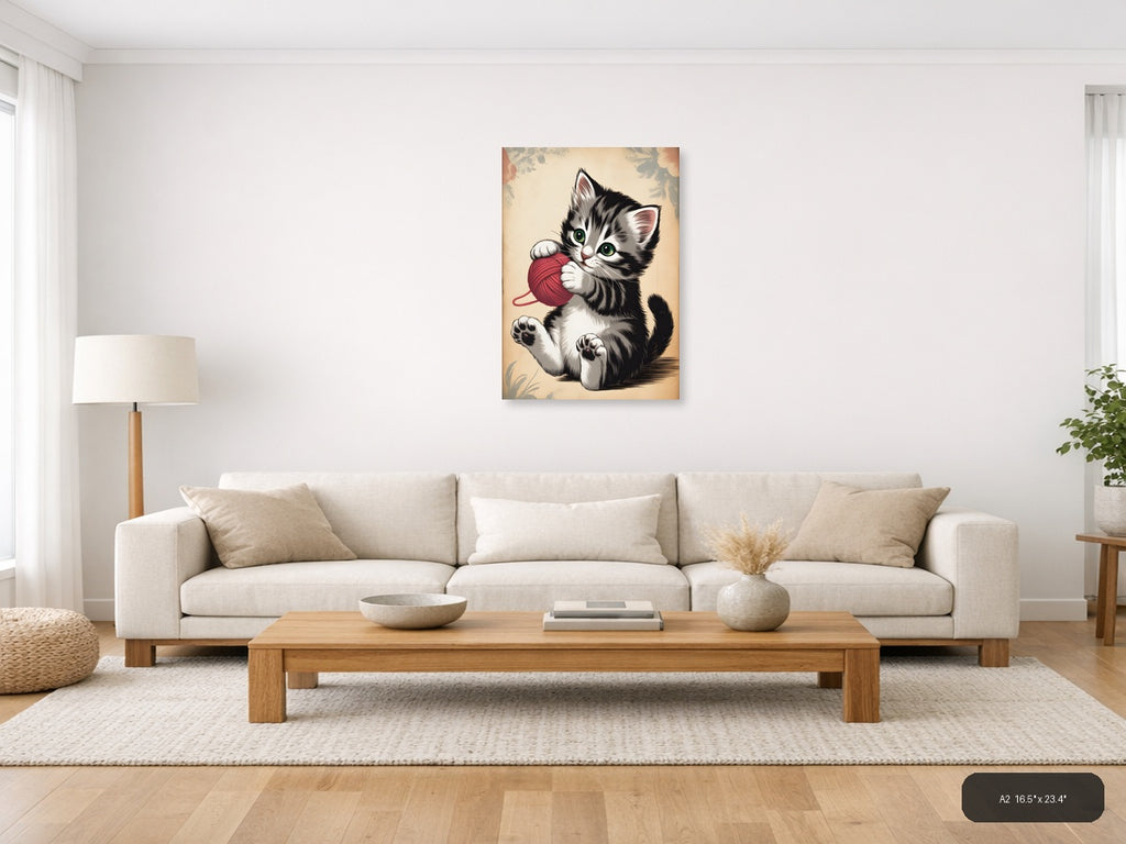 Playful Kitten with Red Yarn Ball Vintage Wall Art — A2 / Living Room