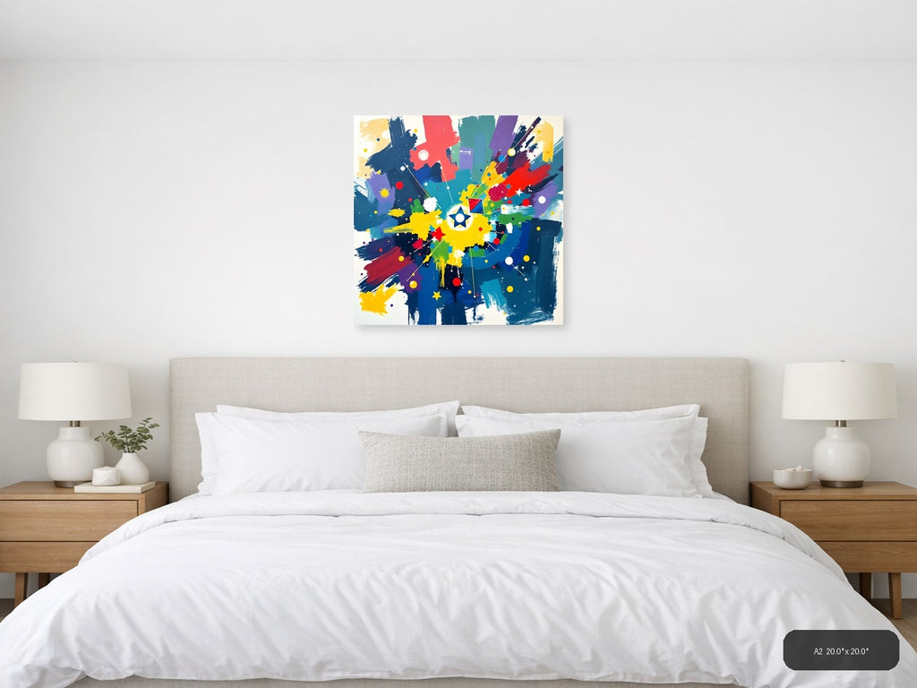 Vibrant Abstract Starburst with Colorful Brushstrokes Wall Art — A2 / Bedroom