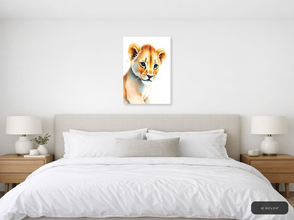 Young Lion Cub Watercolor Portrait Wall Art — A2 / Bedroom