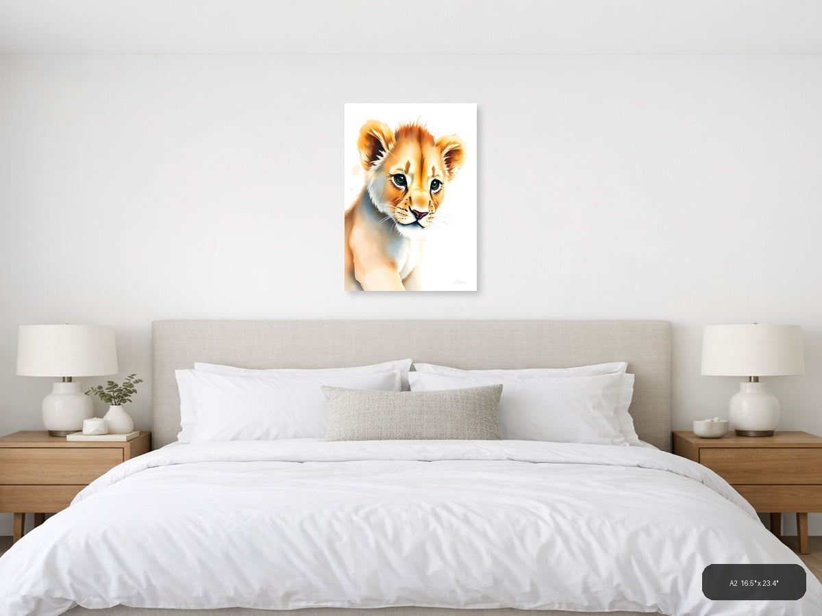Young Lion Cub Watercolor Portrait Wall Art — A2 / Bedroom