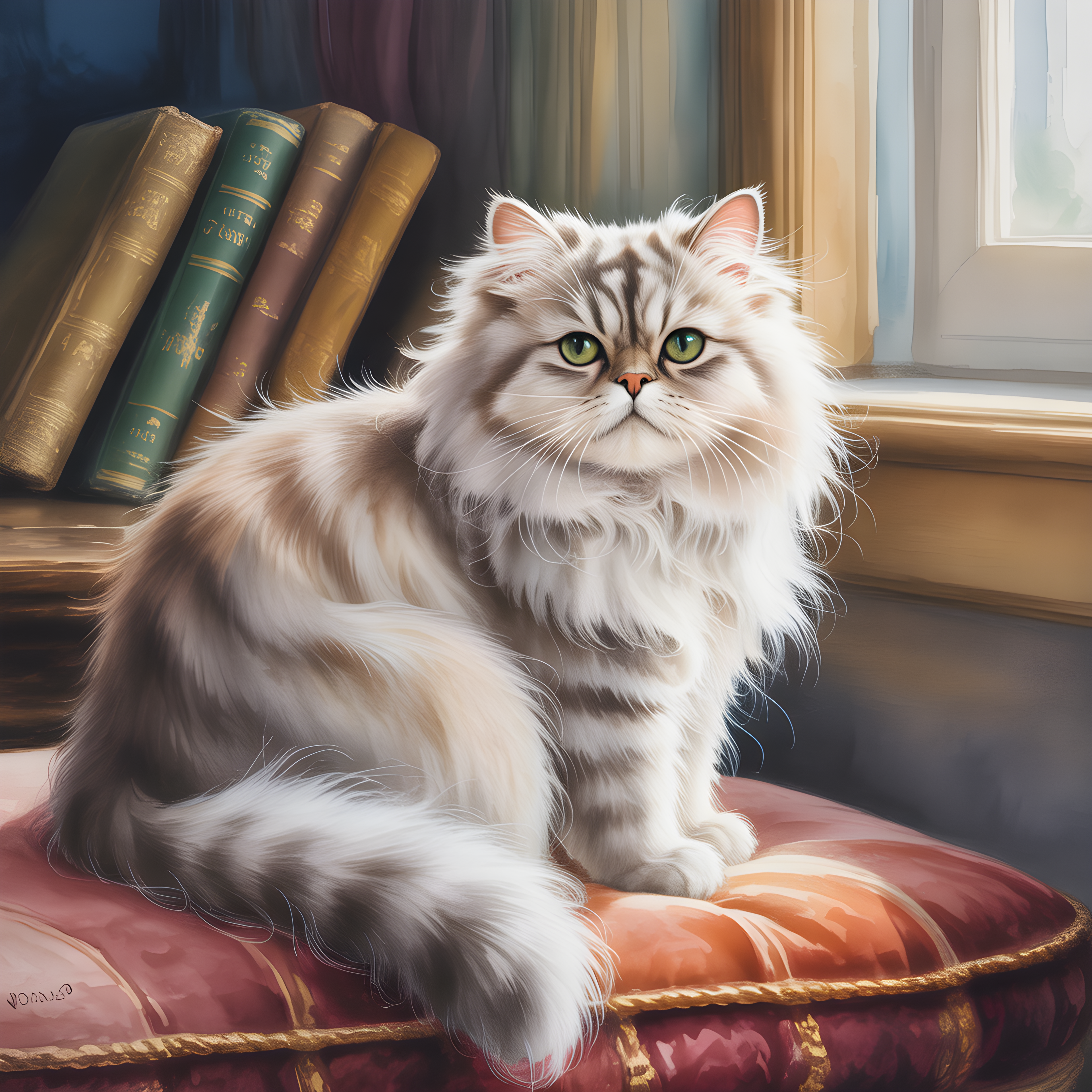 Fluffy White Cat by Books Watercolor Wall Art