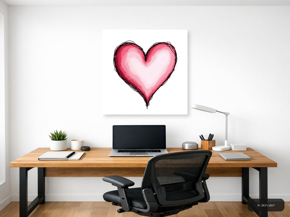 Pink Heart Line Art with Watercolor Fill Wall Art — A1 / Office