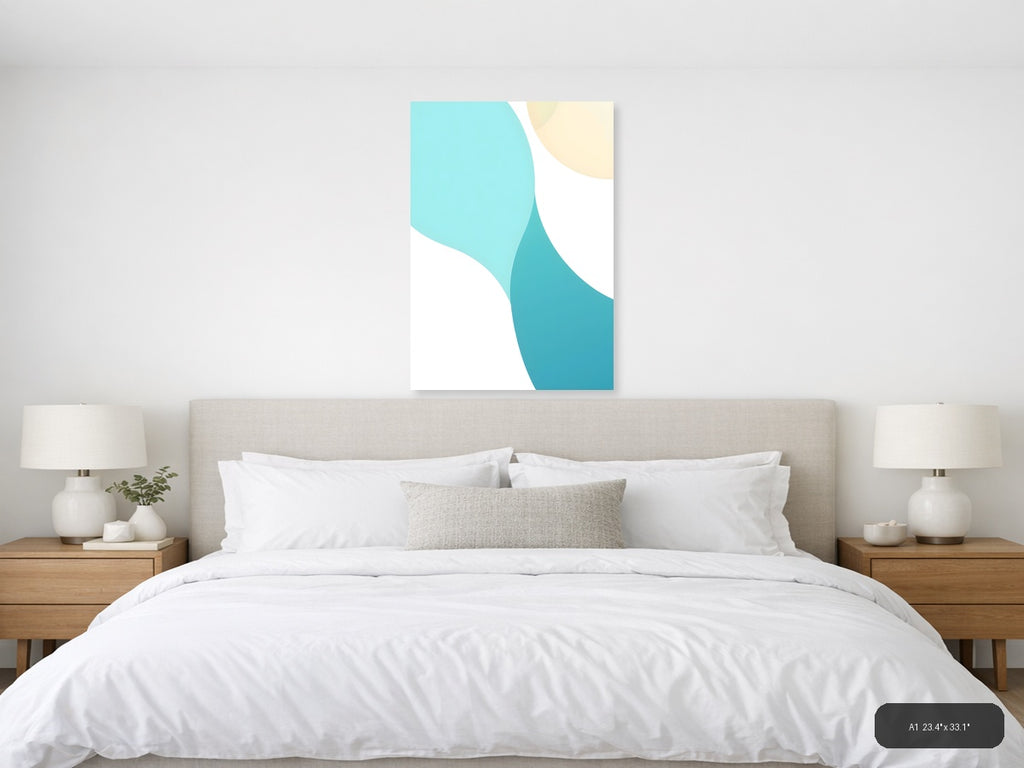Minimalist Turquoise and Cream Abstract Curves Wall Art — A1 / Bedroom