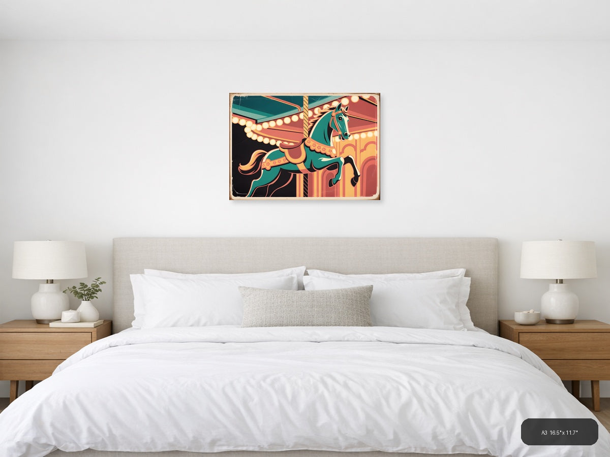 Vintage Carousel Horse Teal & Gold Wall Art — A3 / Bedroom