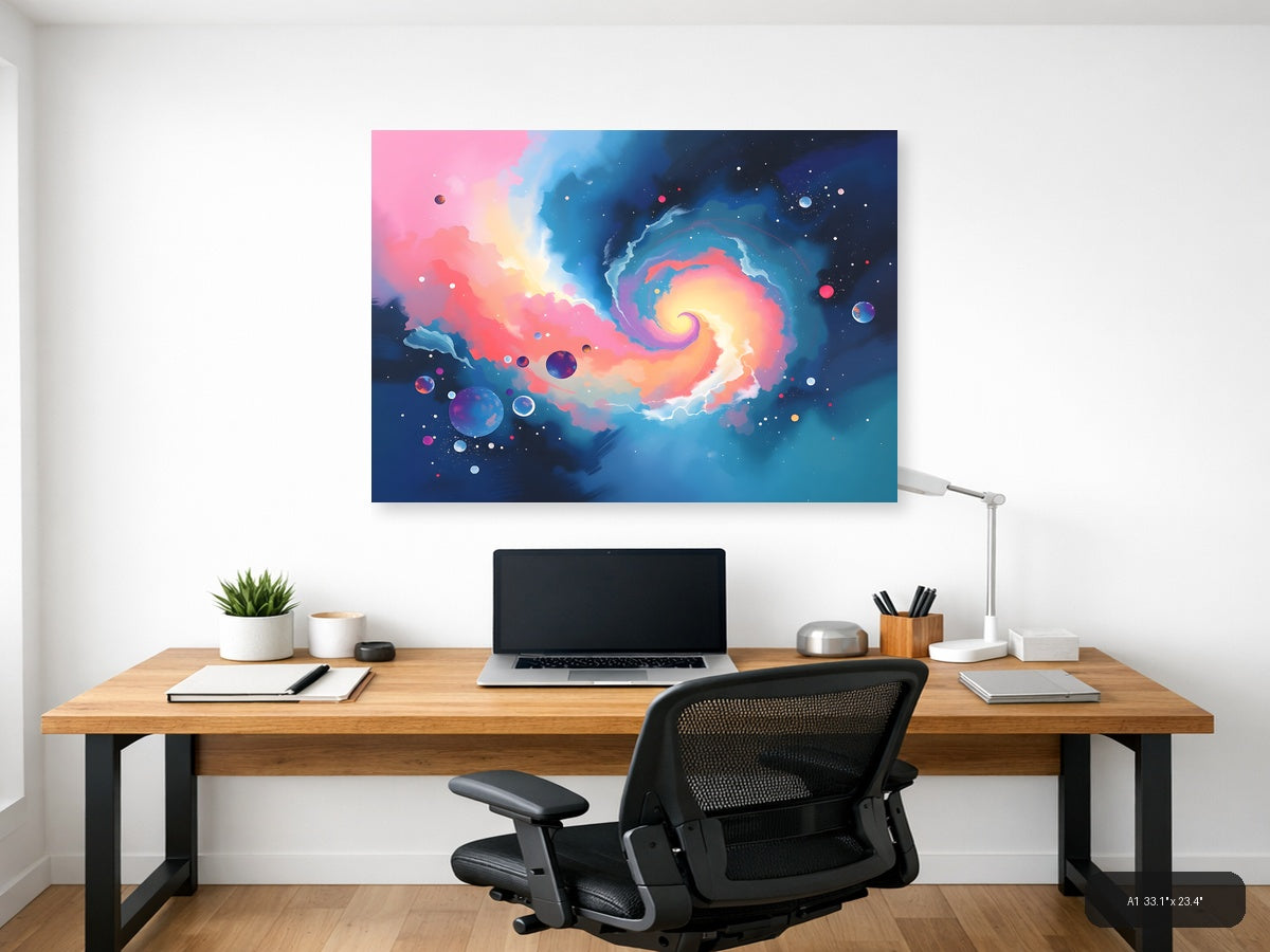 Cosmic Spiral Galaxy Abstract Pink Blue Wall Art — A1 / Office