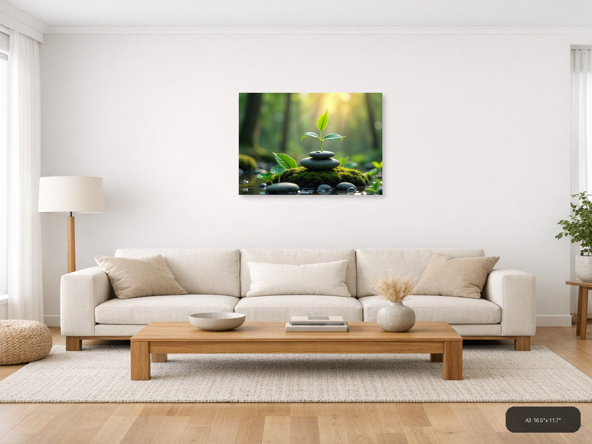 Young Plant on Stacked Stones Botanical Wall Art — A3 / Living Room