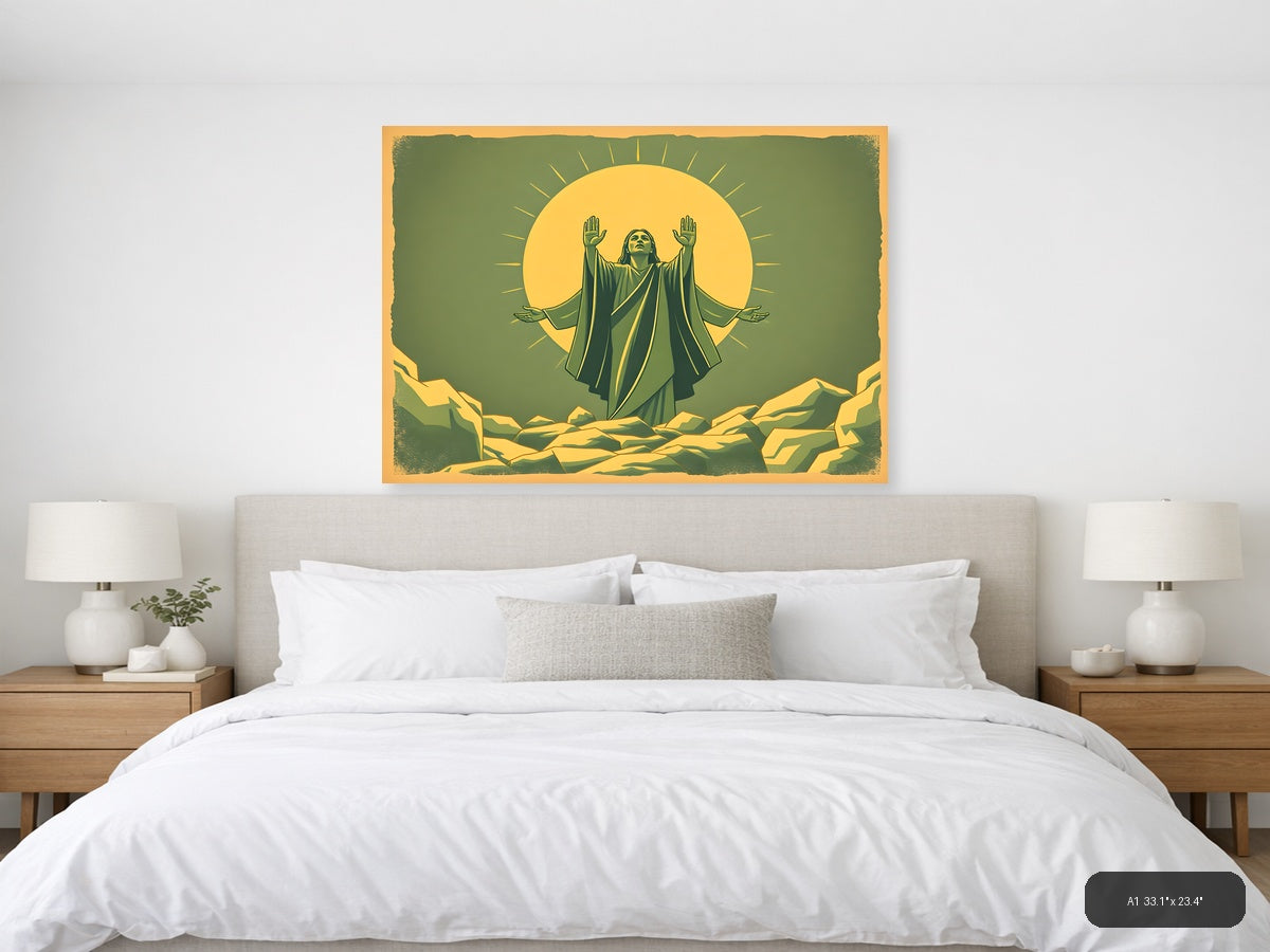 Vintage Spiritual Figure with Radiating Sun Halo Wall Art — A1 / Bedroom