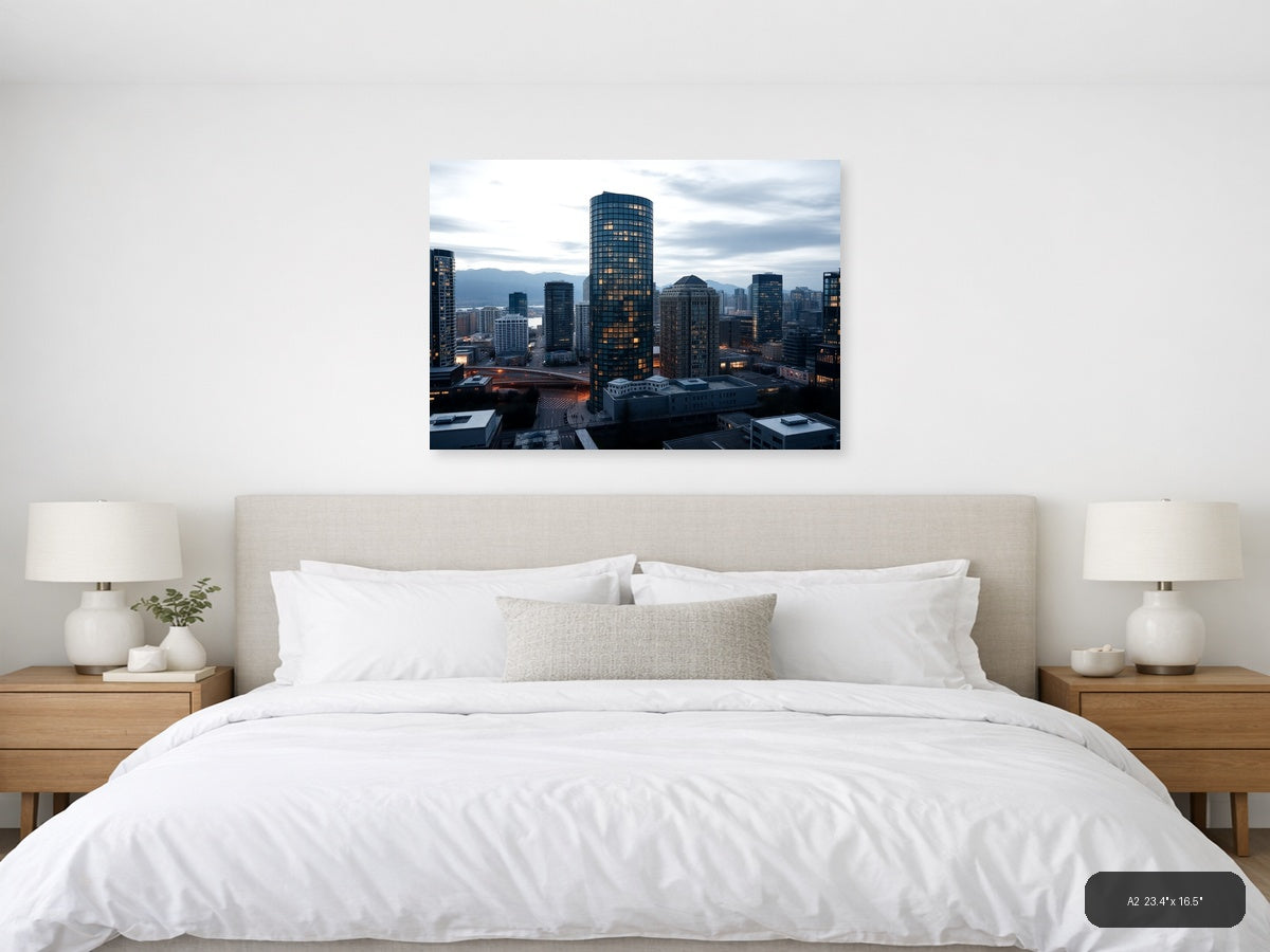 Urban Skyline at Dusk with Glowing Windows | Modern City Wall Art — A2 (Bedroom)