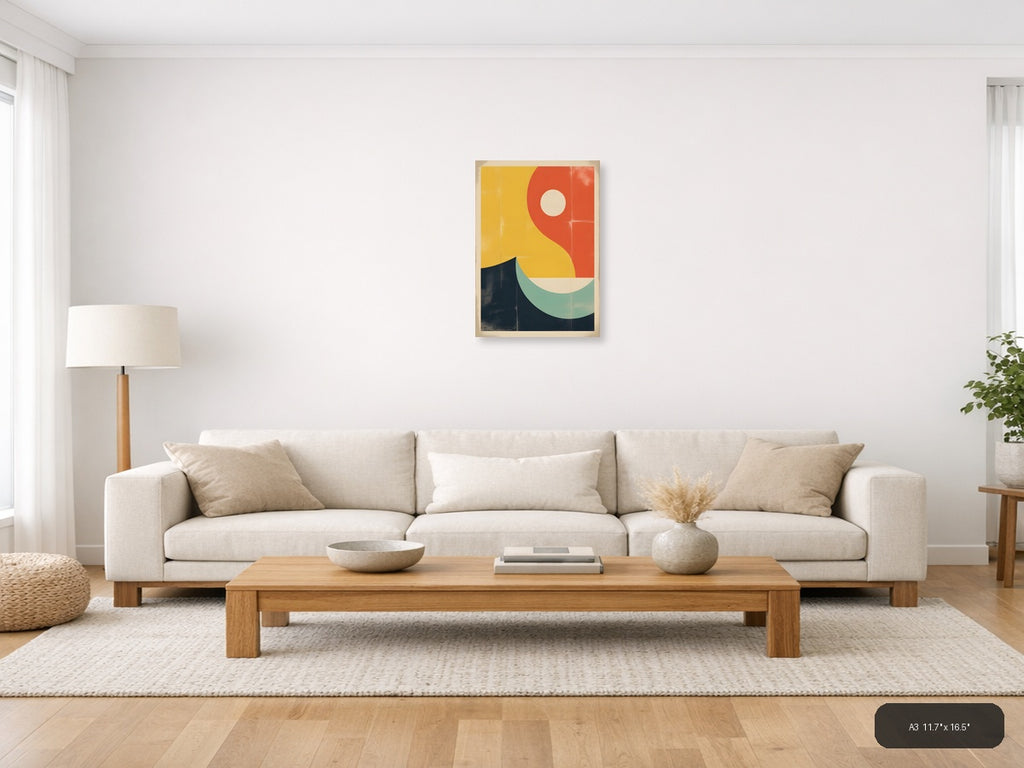 Vintage Geometric Sun and Moon Abstract Wall Art — A3 / Living Room
