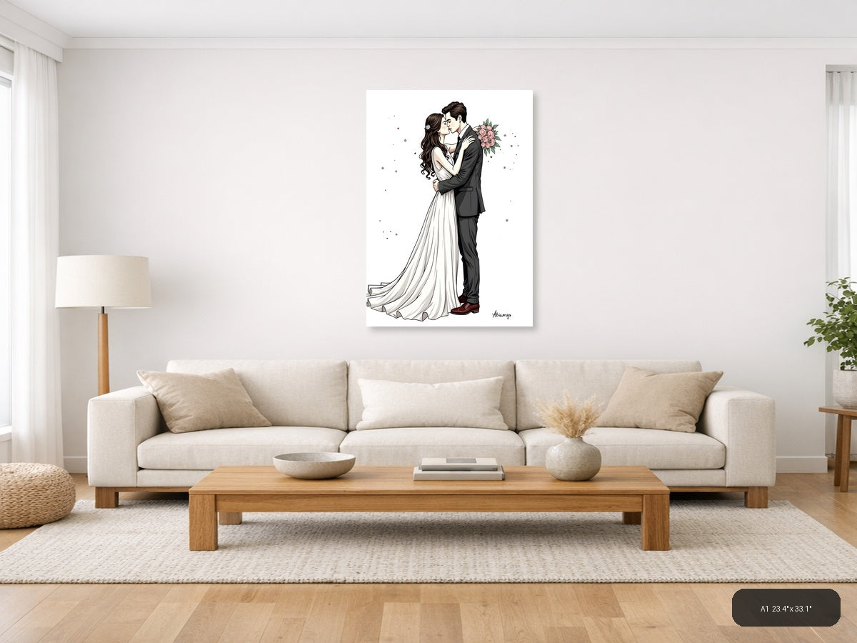 Wedding Kiss Line Art - Bride Groom Couple Wall Art — A1 / Living Room