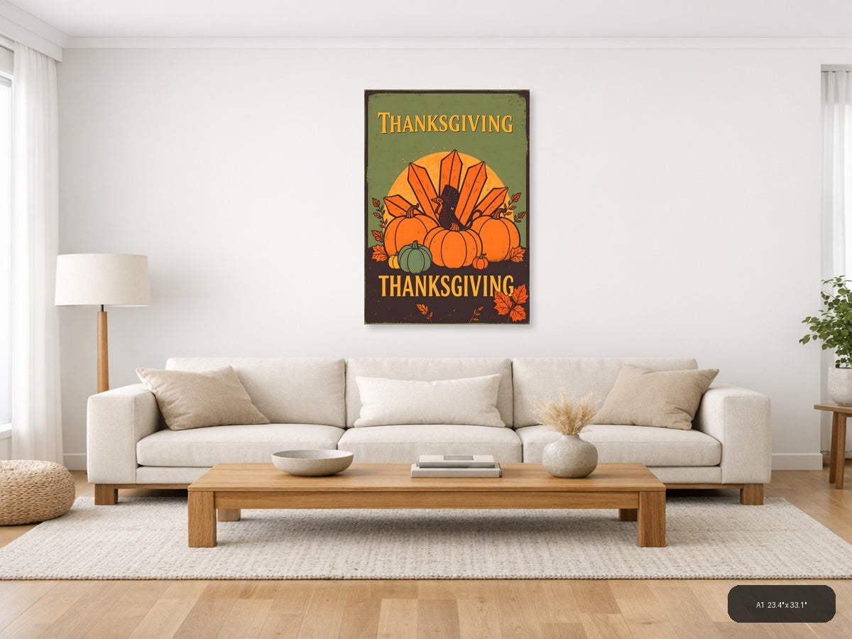 Vintage Thanksgiving Turkey & Pumpkins Harvest Wall Art — A1 / Living Room