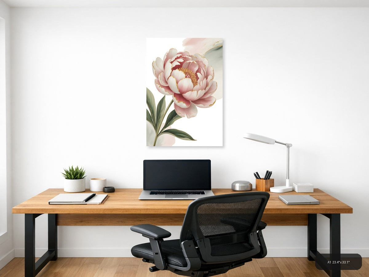 Pink Peony with Gold Accents Watercolor Wall Art — A1 / Office