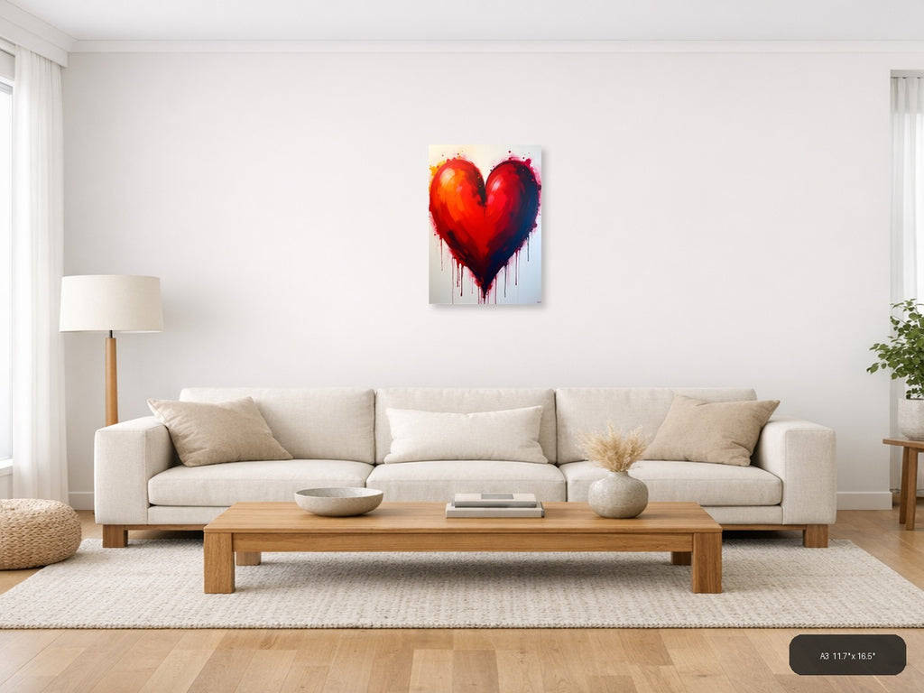 Abstract Red Heart with Dripping Paint Wall Art — A3 / Living Room