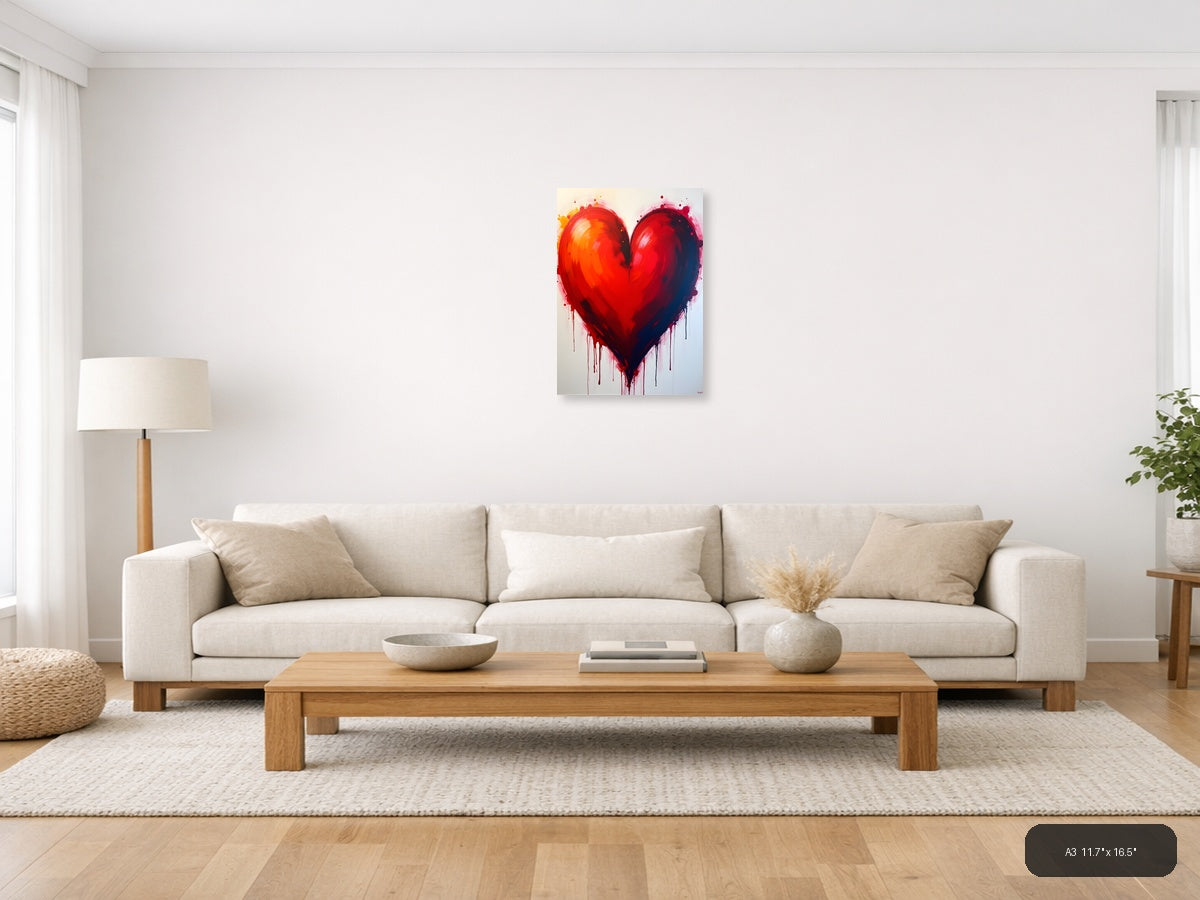 Abstract Red Heart with Dripping Paint Wall Art — A3 / Living Room