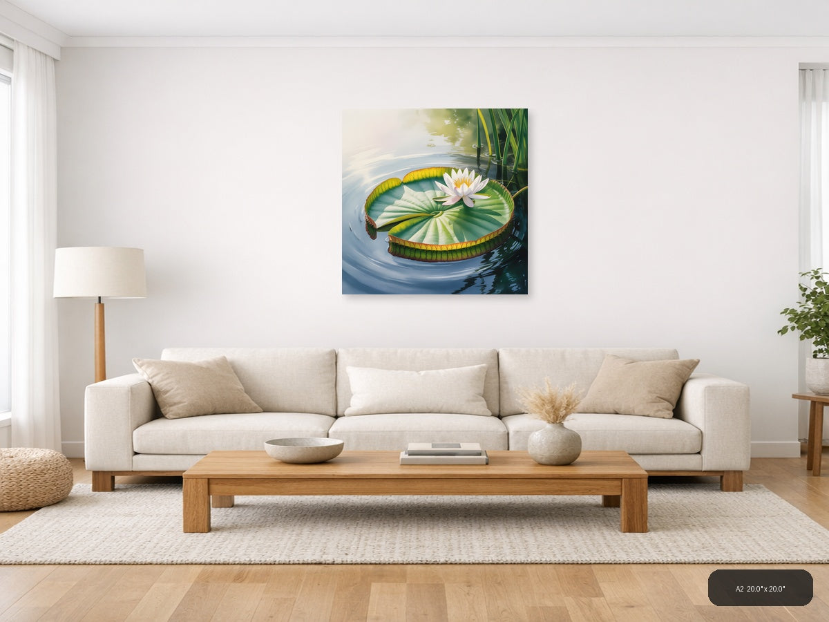 White Water Lily on Giant Leaf Watercolor Wall Art — A2 / Living Room