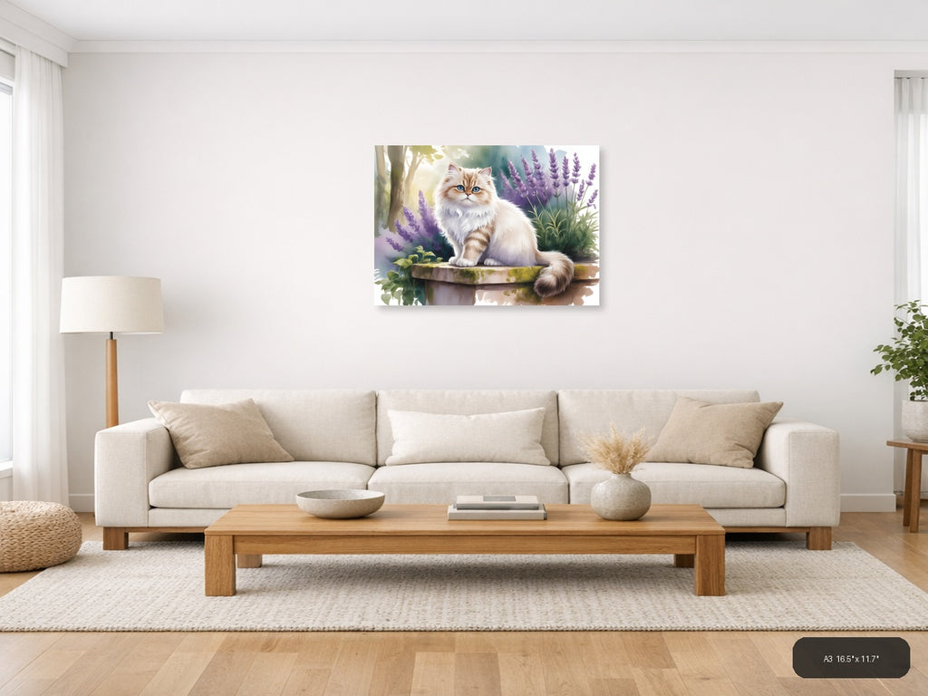 Fluffy Cat with Blue Eyes in Lavender Garden Watercolor Wall Art — A3 / Living Room