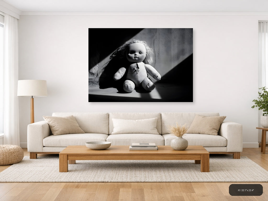 Haunting Doll Portrait Black and White Photography Wall Art — A1 / Living Room
