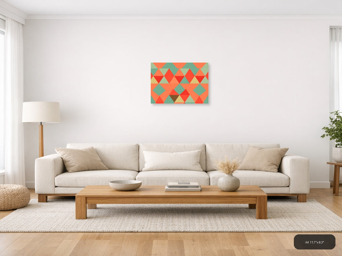 Vintage Geometric Triangle Pattern Coral Teal Wall Art — A4 / Living Room