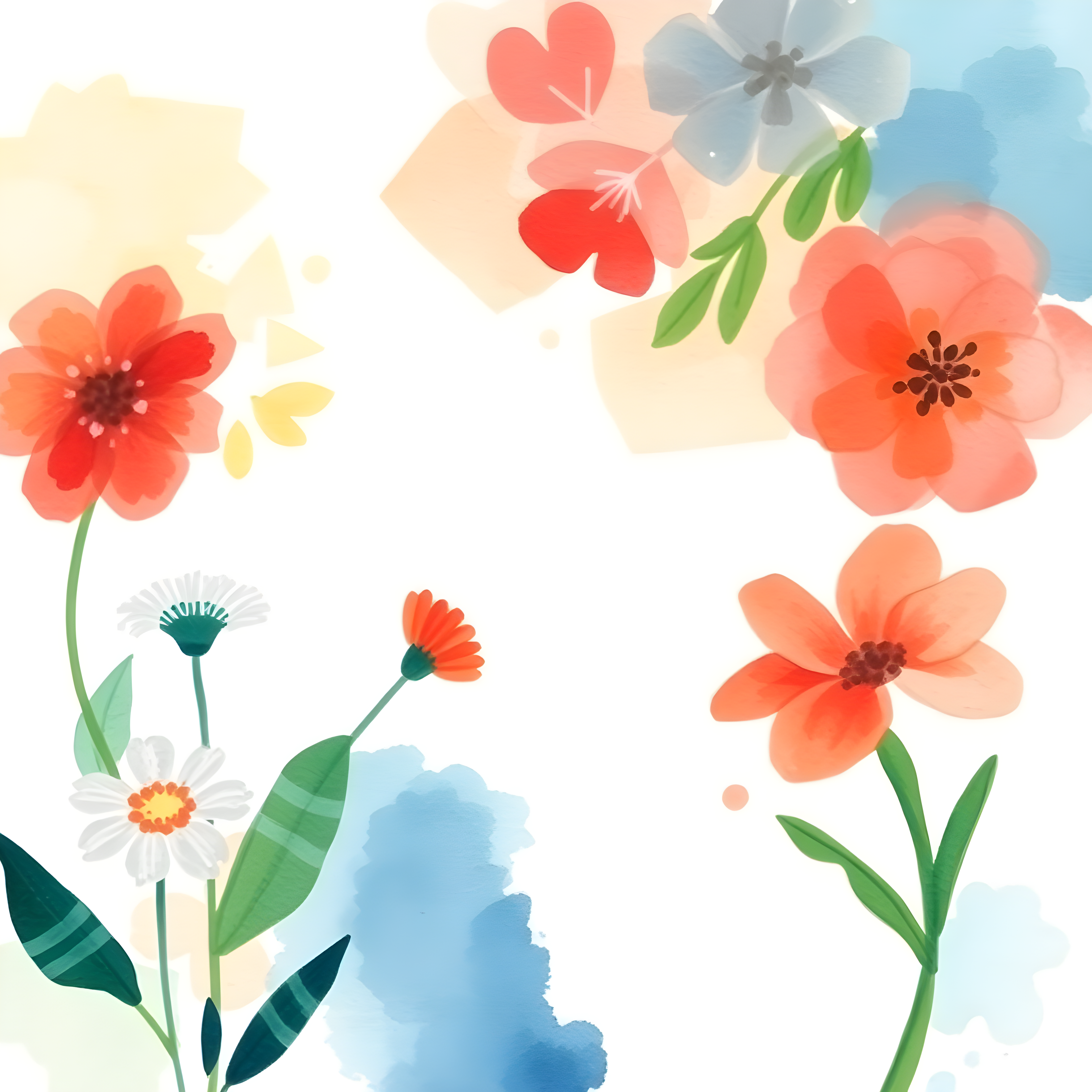 Watercolor Floral Garden with Red & Orange Blooms Wall Art