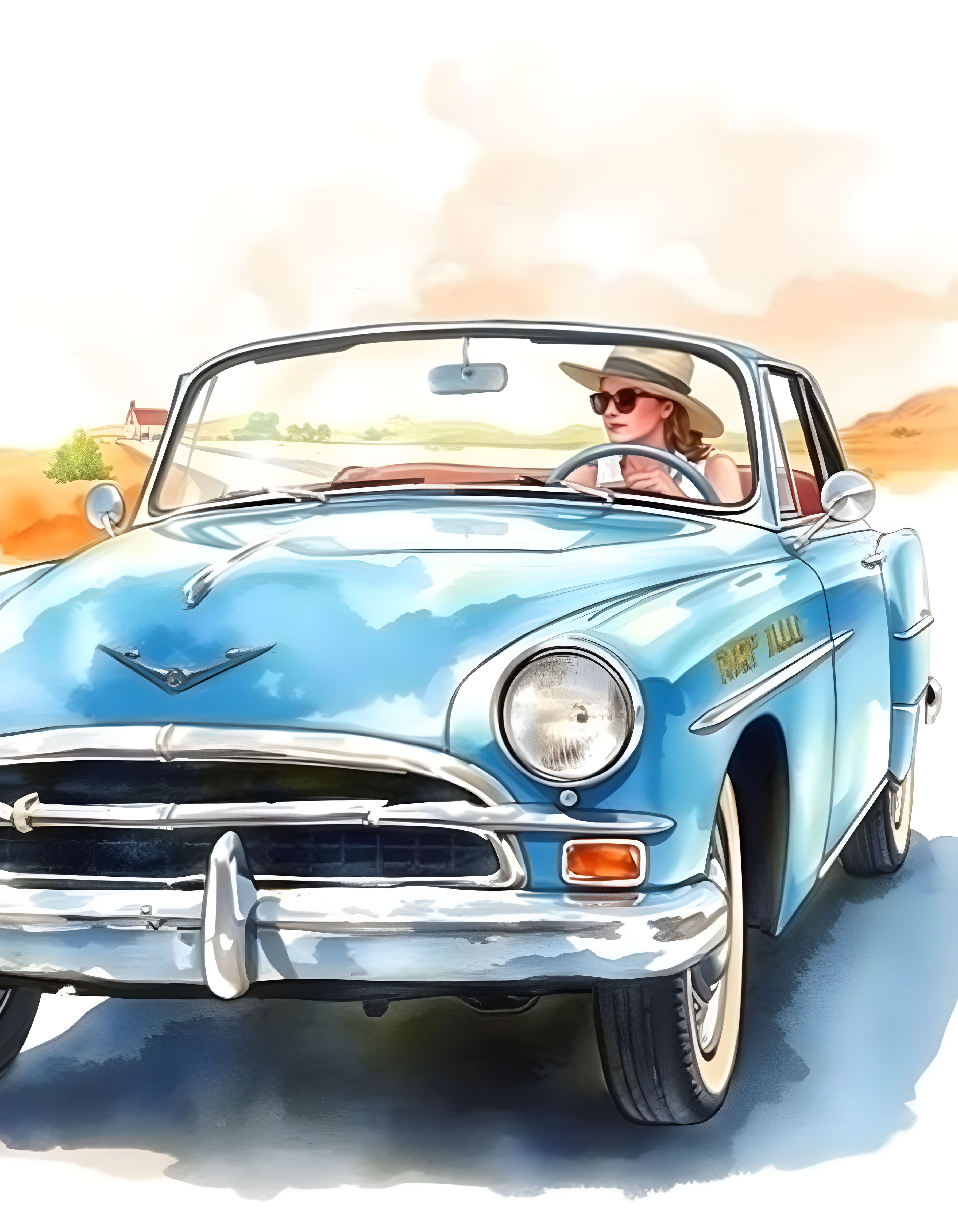 Blue Convertible Car Watercolor Portrait Wall Art