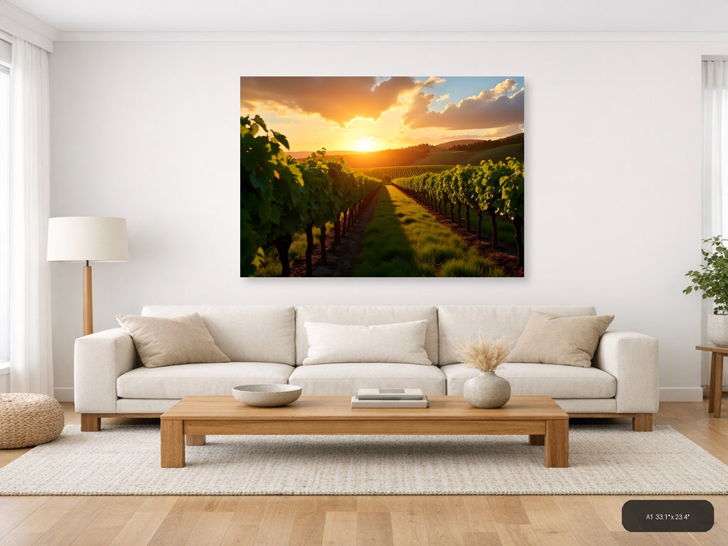 Golden Sunset Over Vineyard Rows Photography Wall Art — A1 / Living Room